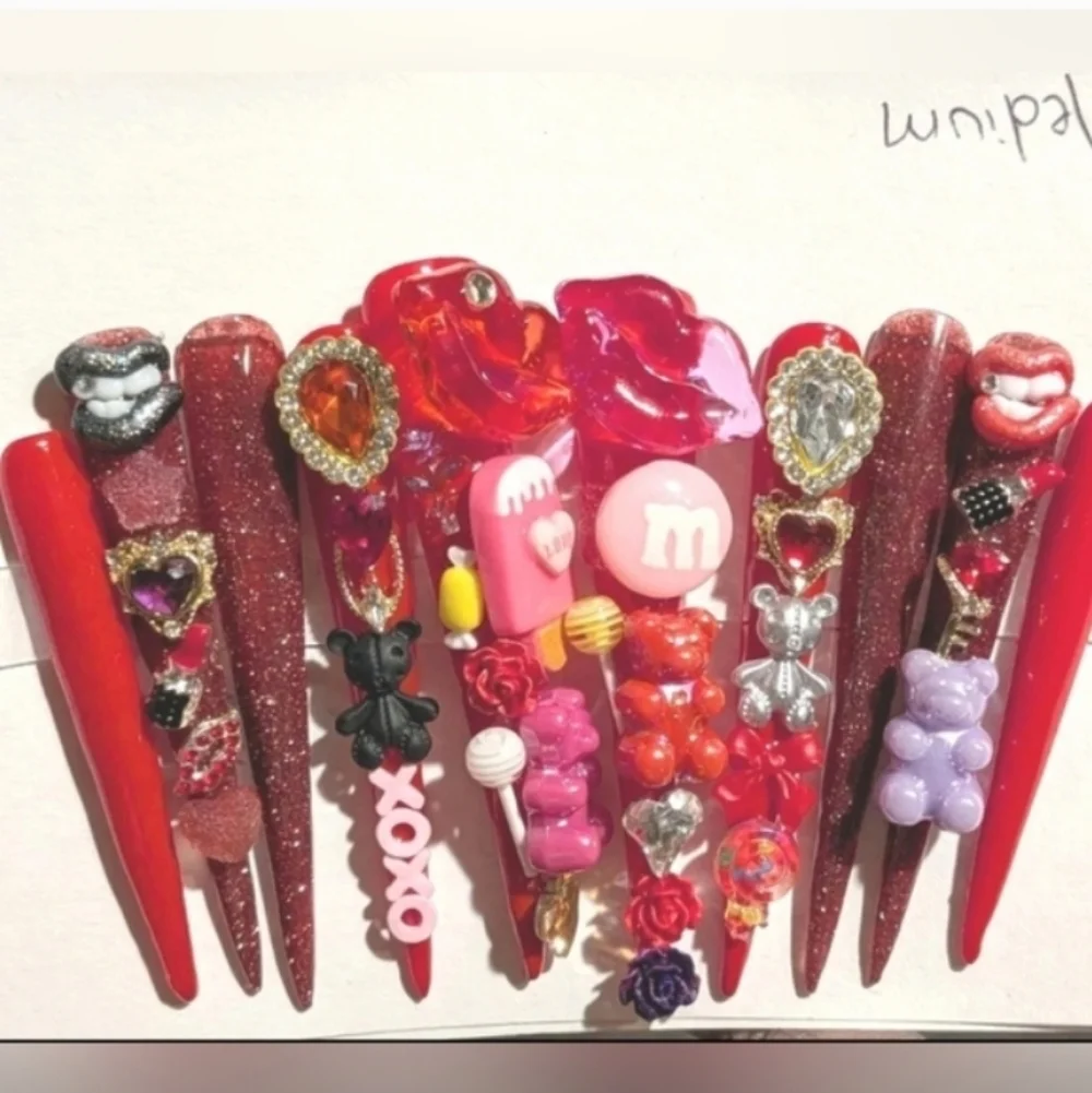 Red and Pink Decorative 4xl Acrylic Press On Nail Set Sz Medium